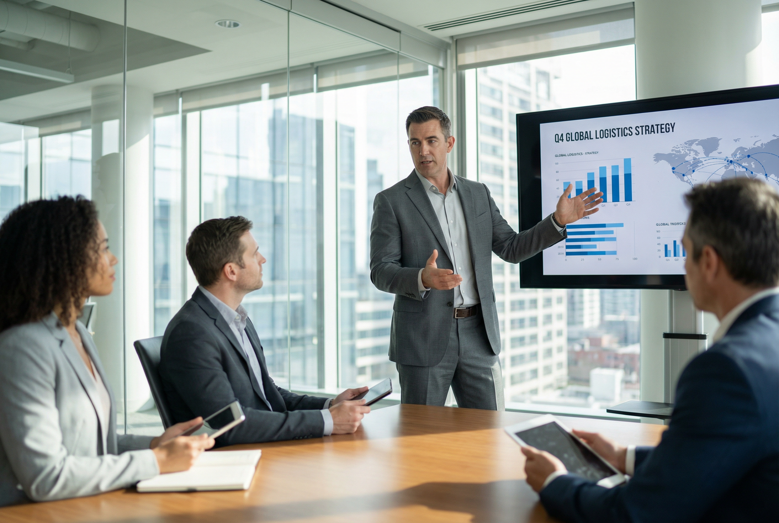 Equipo ejecutivo en una presentación corporativa